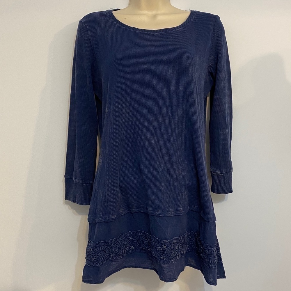 AMANDA Green Blue Long Sleeve Waffle Shirt Med